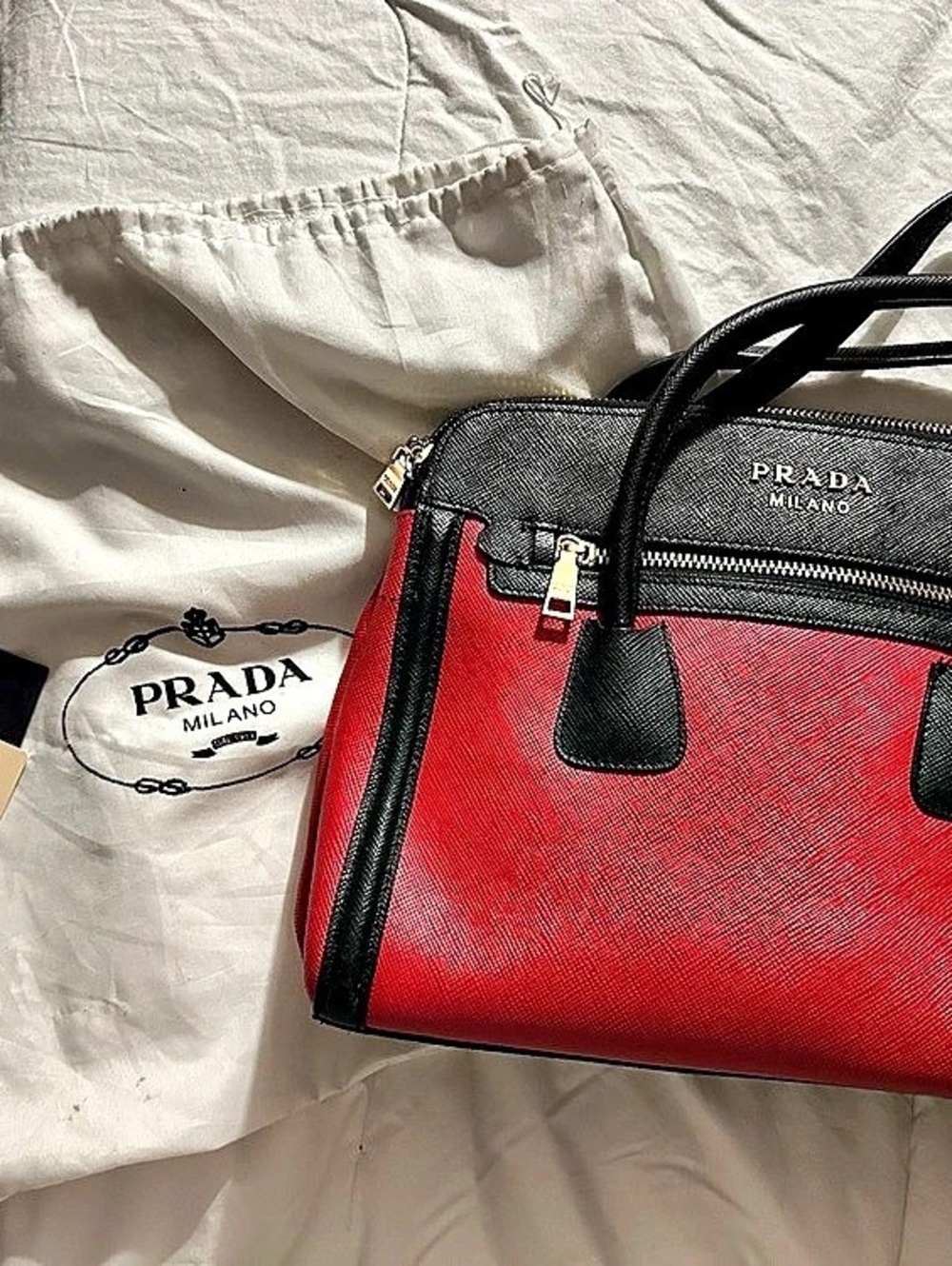 Prada Saffiano Lux Double Zip Tote Red & Black Satchel